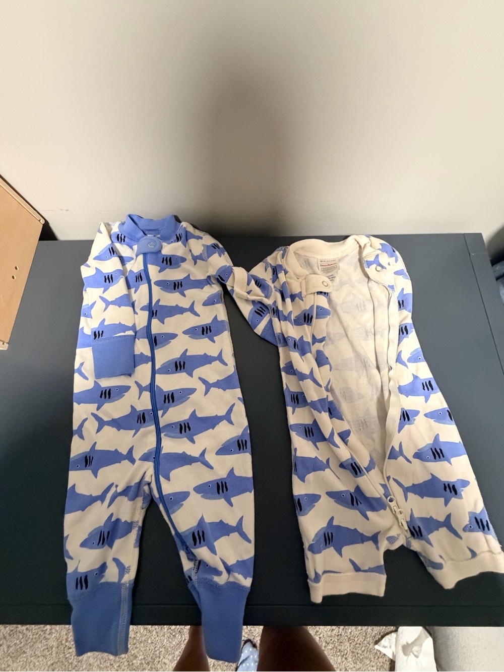 Bundle - Hanna Andersson Cream and Blue Shark Print One-Piece - long/short